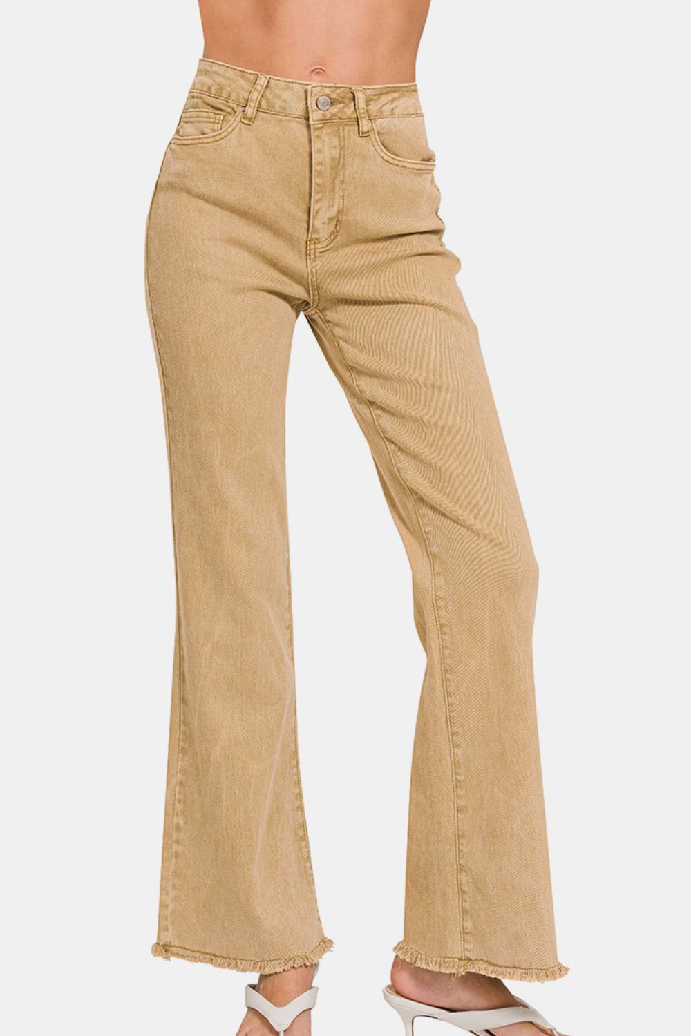 Acid Washed High Waist Frayed Hem Bootcut Pants