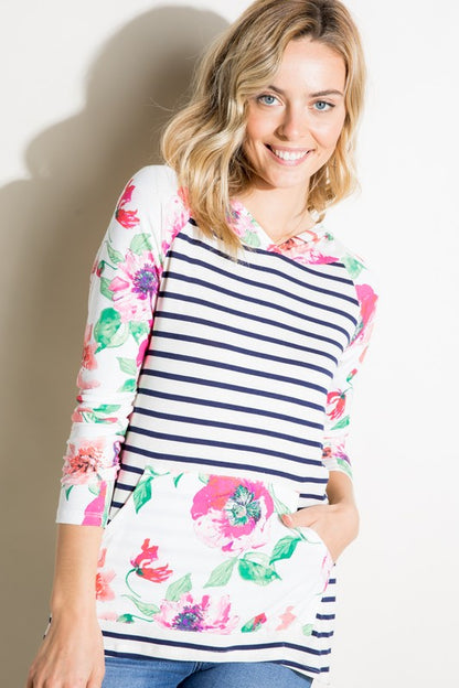 Stripe Floral Kangaroo Pocket Hoodie Top