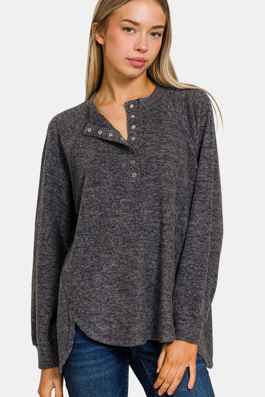 Brushed Melange Hacci Oversized Henley Placket Sweater