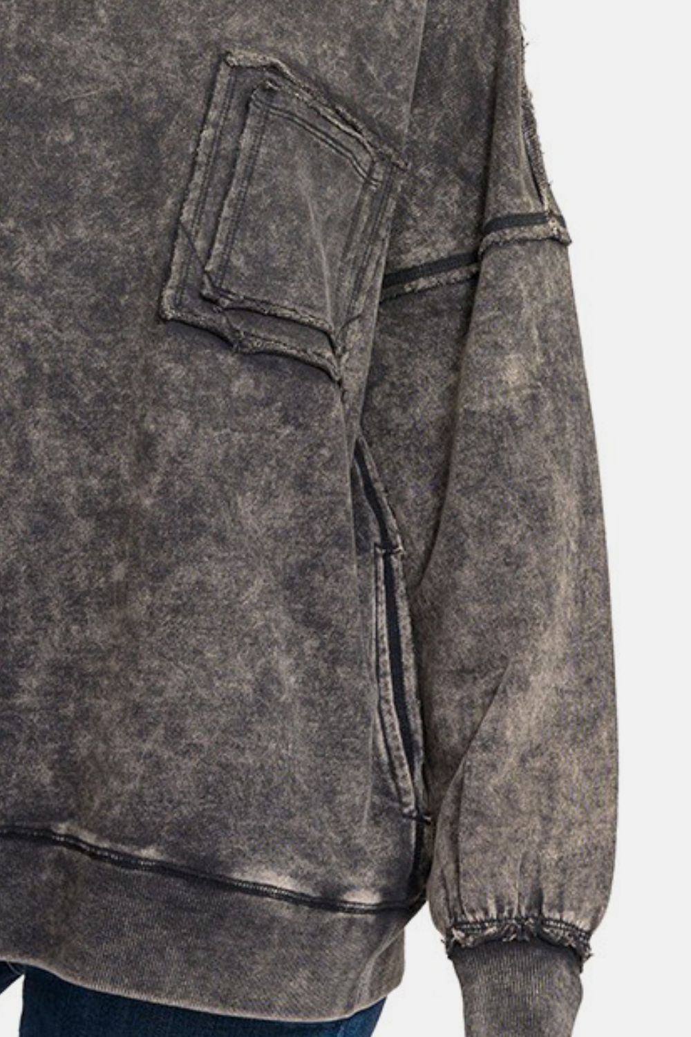 F/Terry Acid Wash Raw Edge Front Pocket Pullover