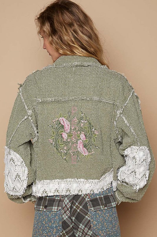 Olive Floral Embroidered Crochet Trim Jacket