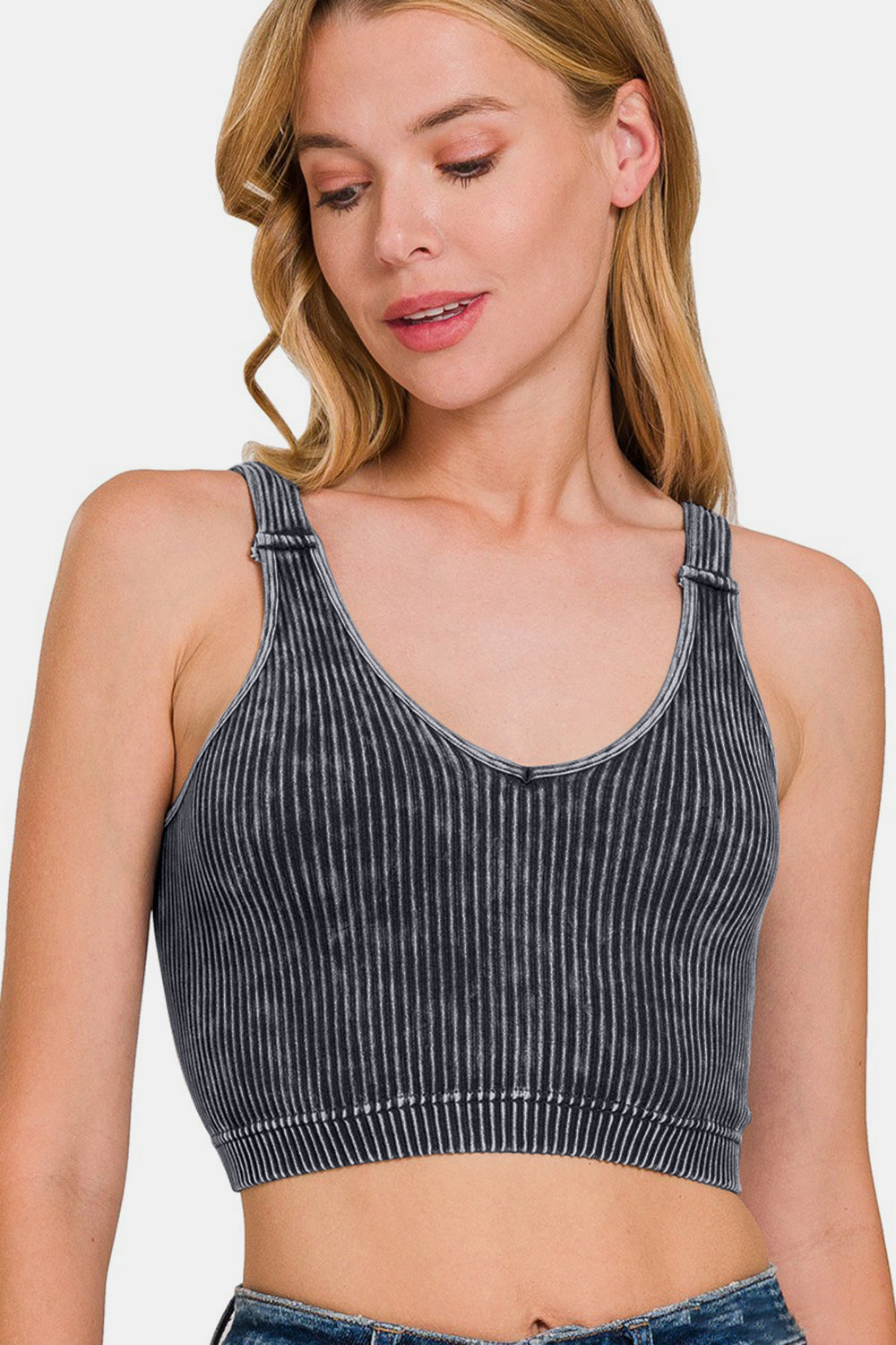 Washed Ribbed Cropped Seamless V-Neck Tank Top