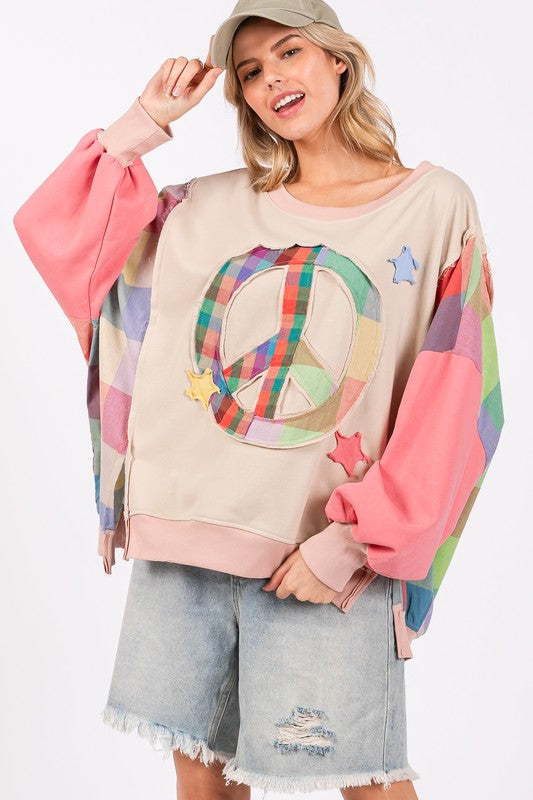 Coral Multicolor Contrast Peace Patch Dropped Shoulder Sweatshirt