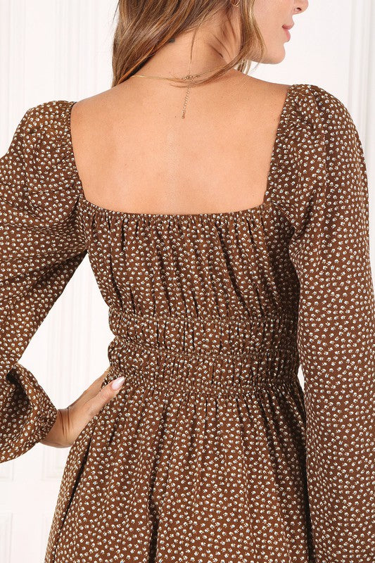 Ditsy Floral Square Neck Puff Sleeve Midi Dress