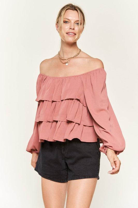 Plus Chiffon Bubble Sleeve Tiered Flounce Blouse