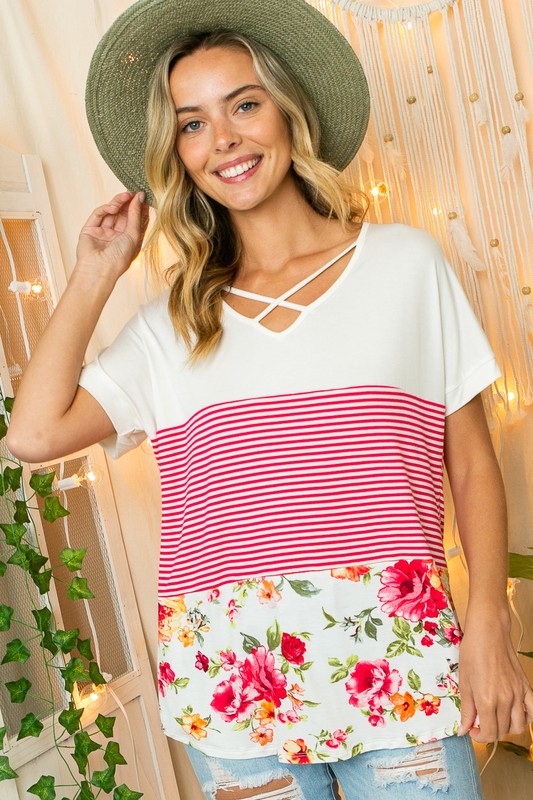 Stripe Floral Lace Up V-Neck Top