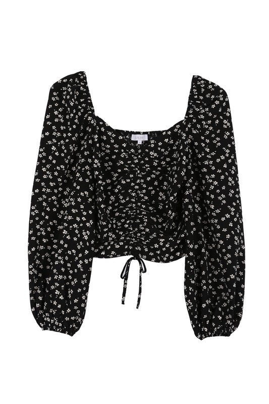 Black Floral Puff Sleeve Ruched Crop Top