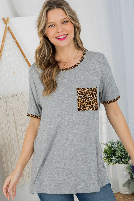 Plus Solid Leopard Contrast Pocket Tee