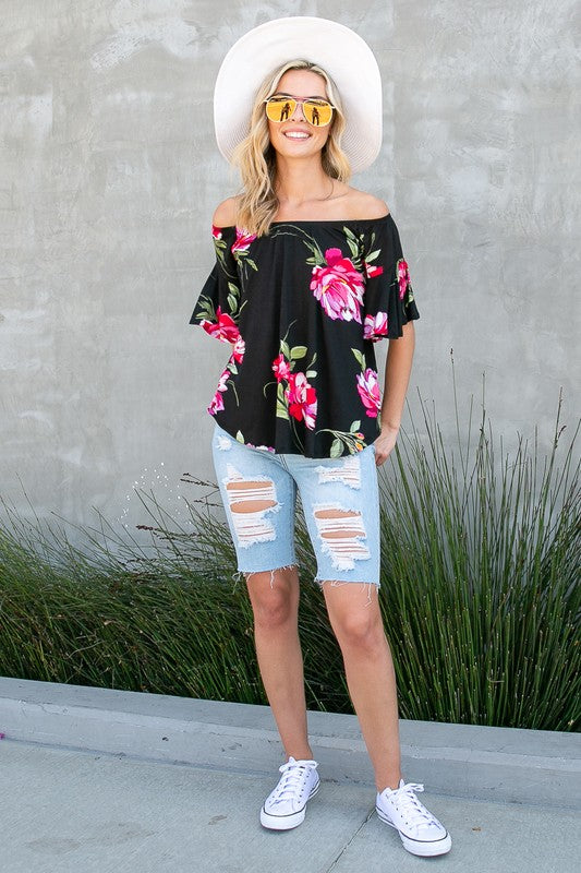 Plus Floral Off Shoulder Ruffle Sleeve Top