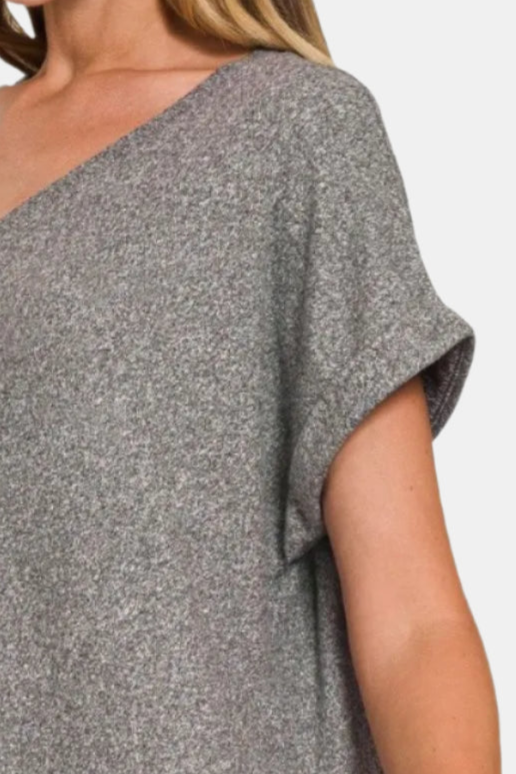 Black Soft Melange Hacci V-Neck Tee