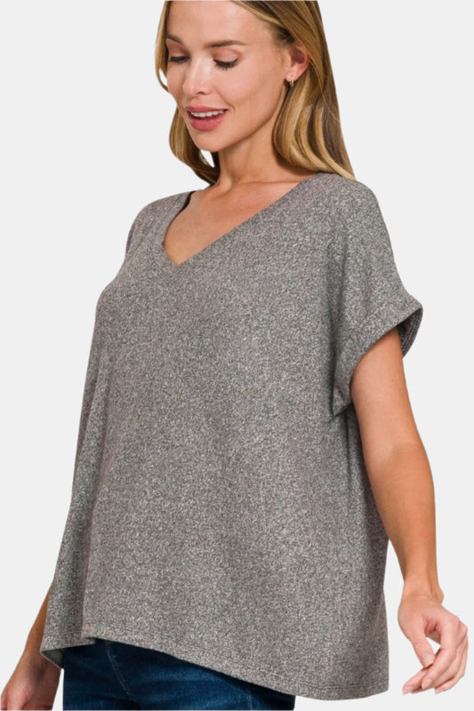 Black Soft Melange Hacci V-Neck Tee