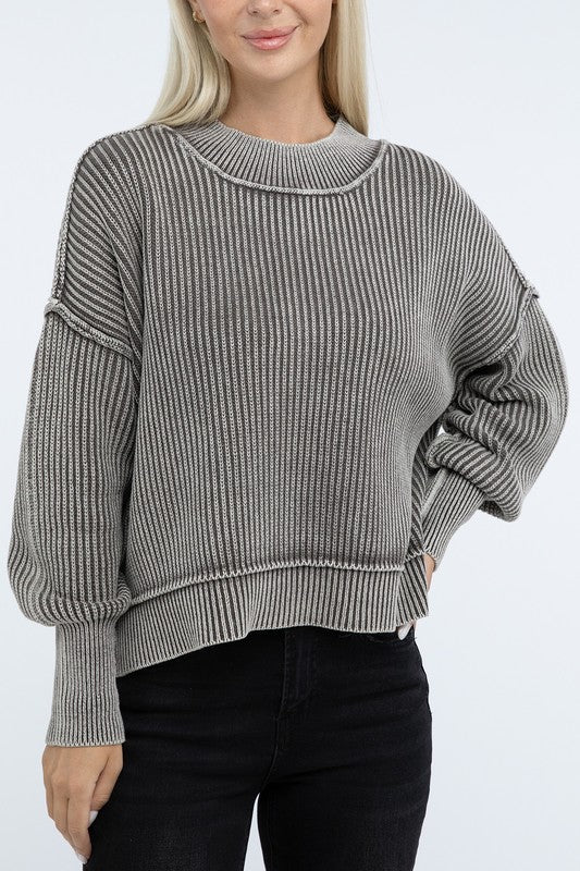 Washed Side Slit Oversized Cropped Sweater