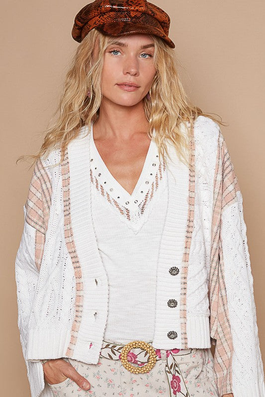 White Beige Plaid Mixed Media Cable Knit Button Cardigan