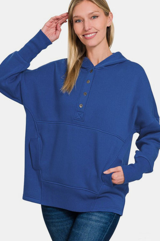 Fleece Half Snap Button Hooded Sweatshirt