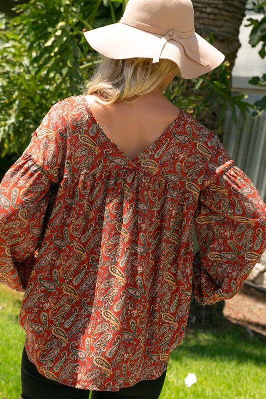 Plus Paisley Bubble Sleeve Babydoll Blouse