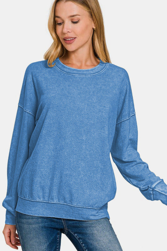 F/Terry Washed Round-Neck Pullover Sweatshirt