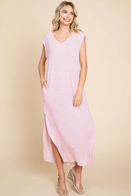 Pink Striped V-Neck Slit Dress with Pockets