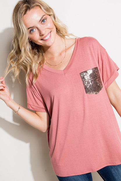 Solid Sequin Pocket Boxy Tee