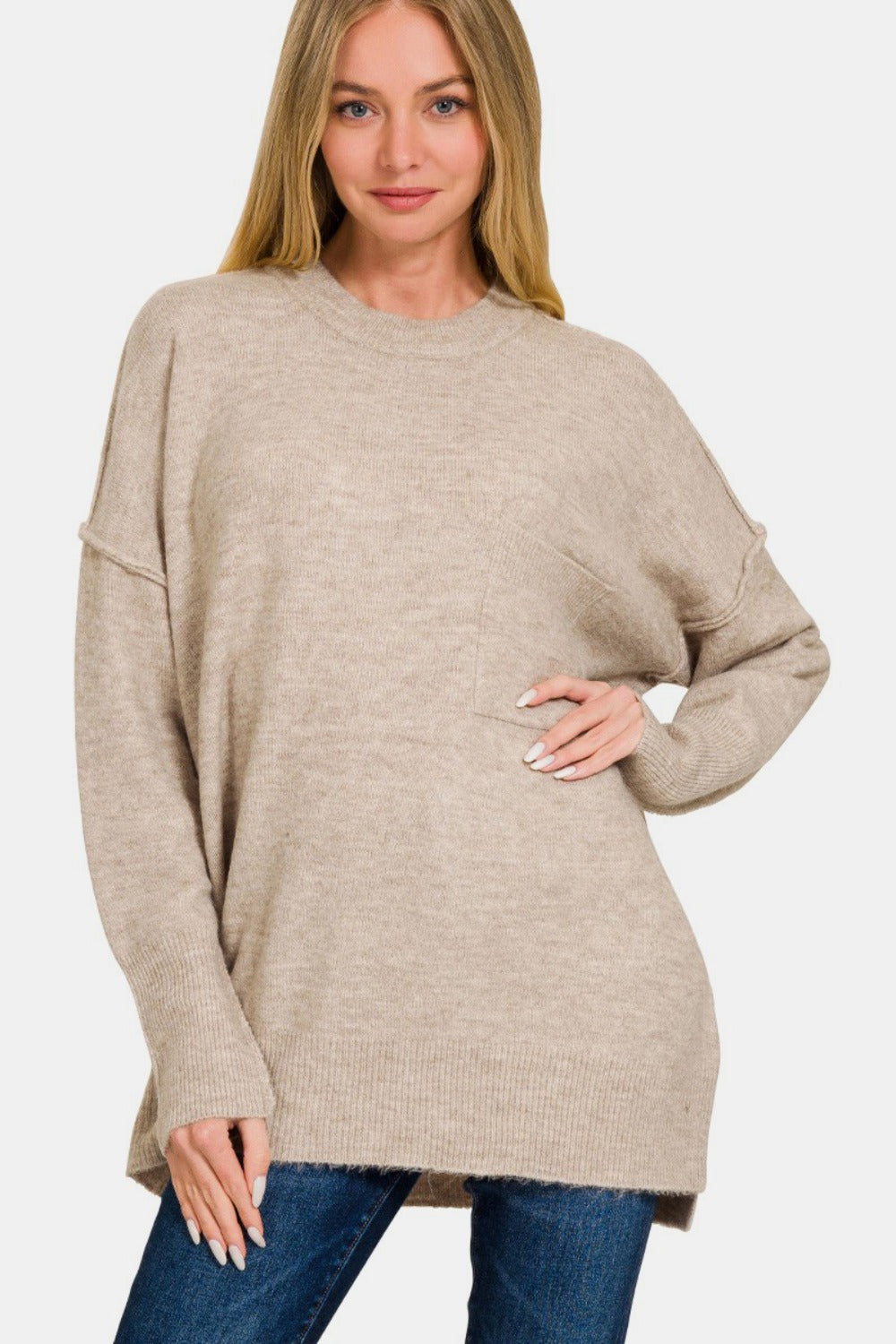 Melange Hi-Low Hem Pocket Sweater