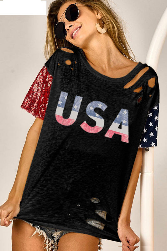 Black USA Graphic Short Sleeve Distressed T-Shirt