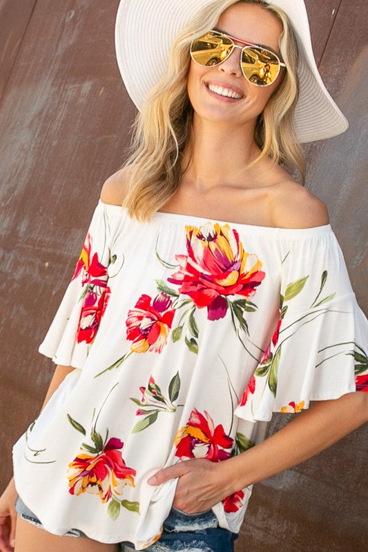 Plus Floral Off Shoulder Ruffle Sleeve Top