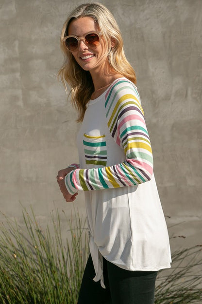 Striped Raglan Pocket Front Tie Top