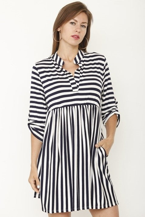 Stripe Tab Sleeve Babydoll Tunic Dress