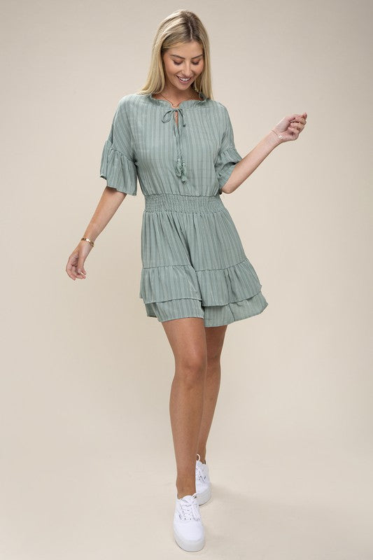 Sage Tie Neck Ruffle Sleeve Layered Hem Dress