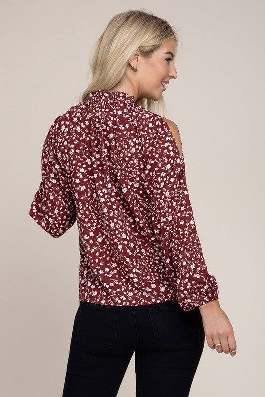 Burgundy Ditsy Floral Split Sleeve Blouse