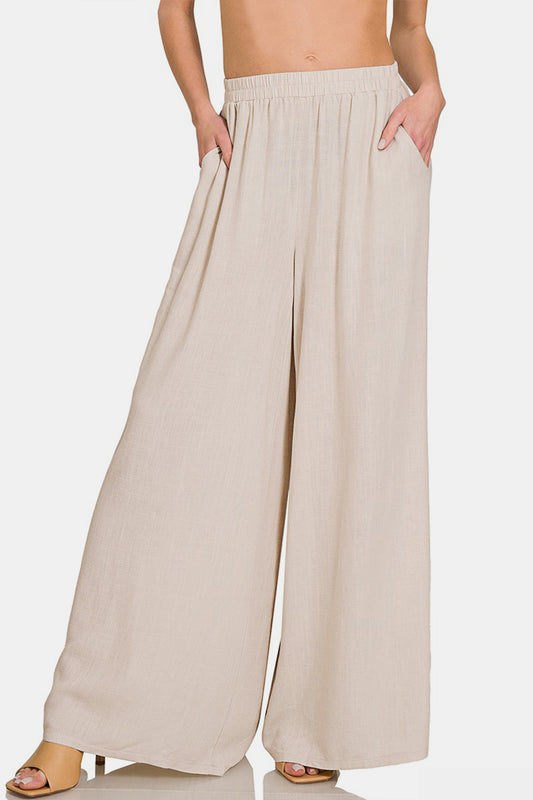 Woven Pleated Linen Blend Wide Leg Pants