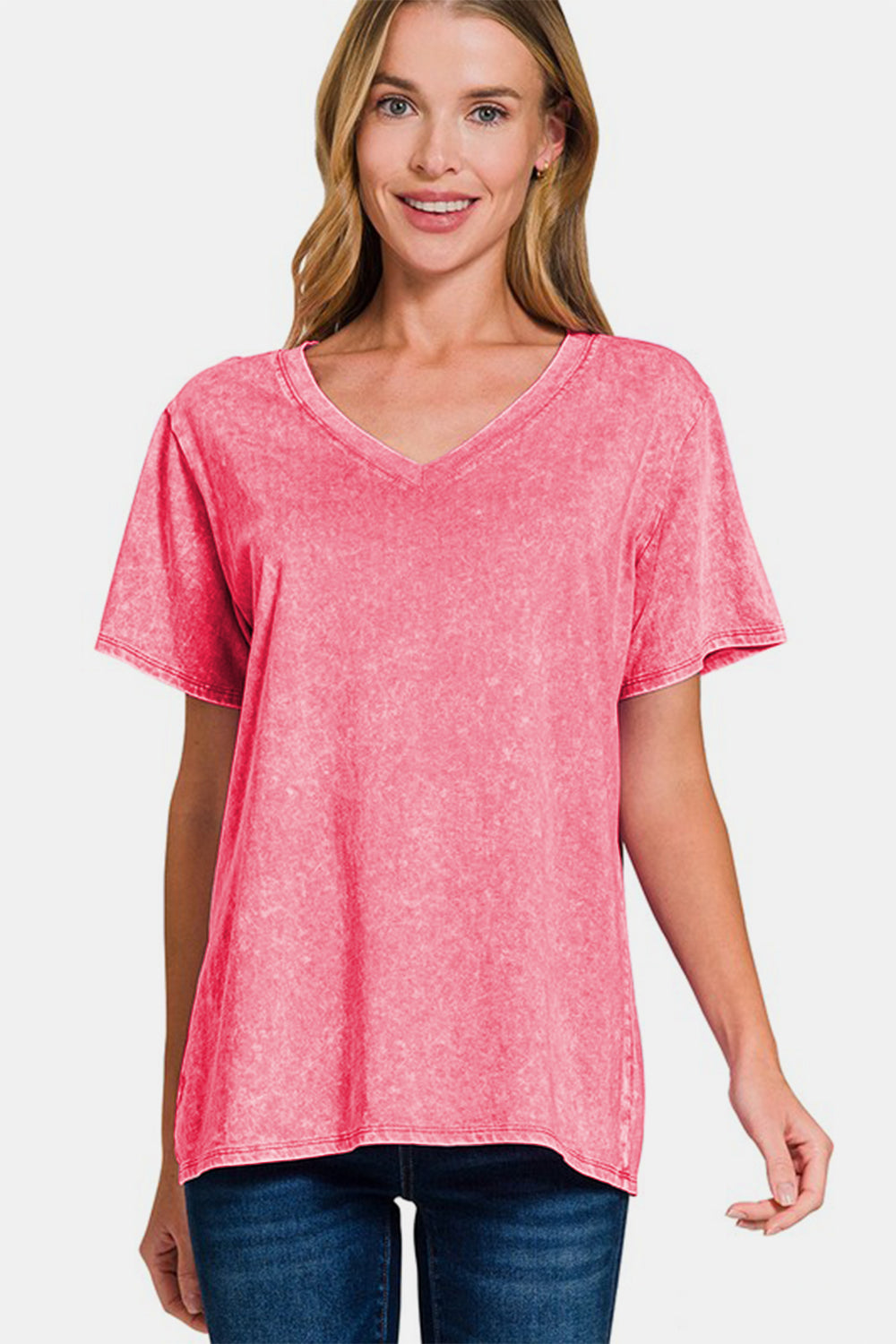 Washed Short Sleeve V-Neck Top