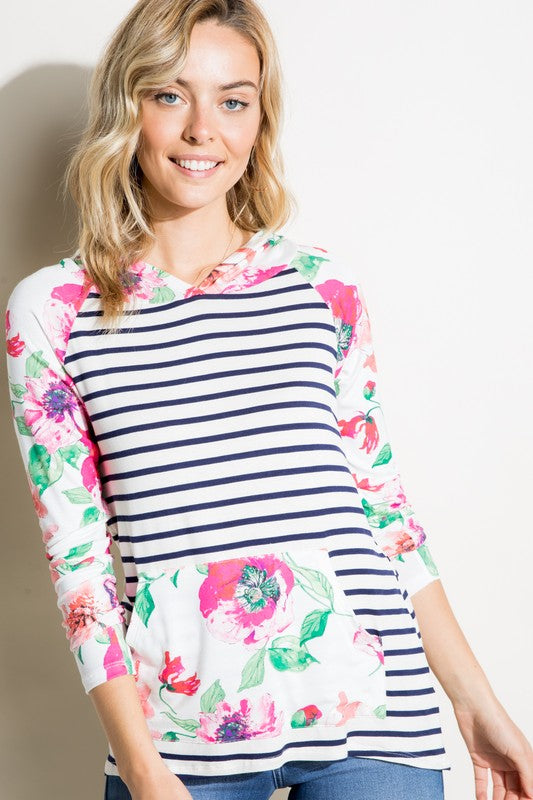 Plus Stripe Floral Kangaroo Pocket Hoodie Top