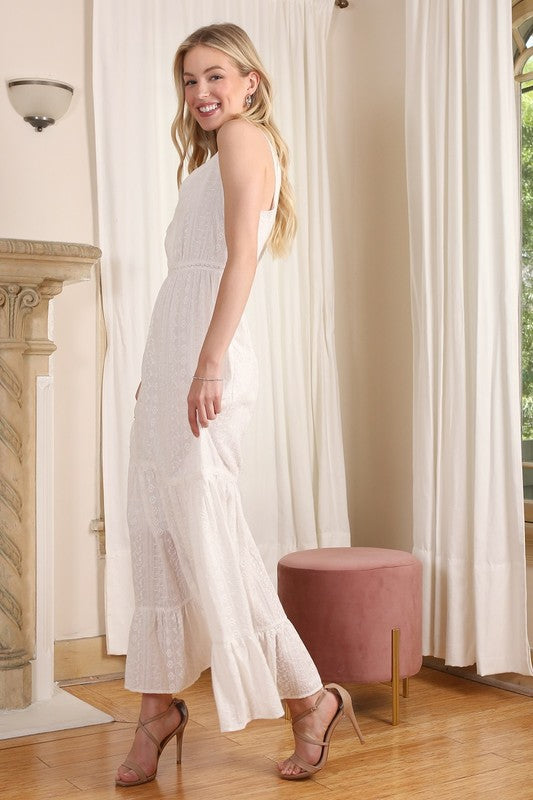 White Embroidered V-Neck Tiered Maxi Dress