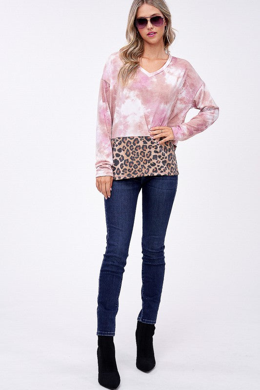 Plus Cloud Tie Dye Cheetah Mix Pullover Top