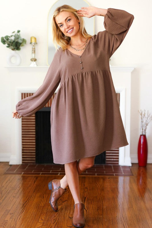 Mocha Woven Waffle V Neck Babydoll Dress