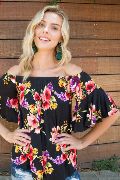 Plus Floral Off Shoulder Ruffle Sleeve Top