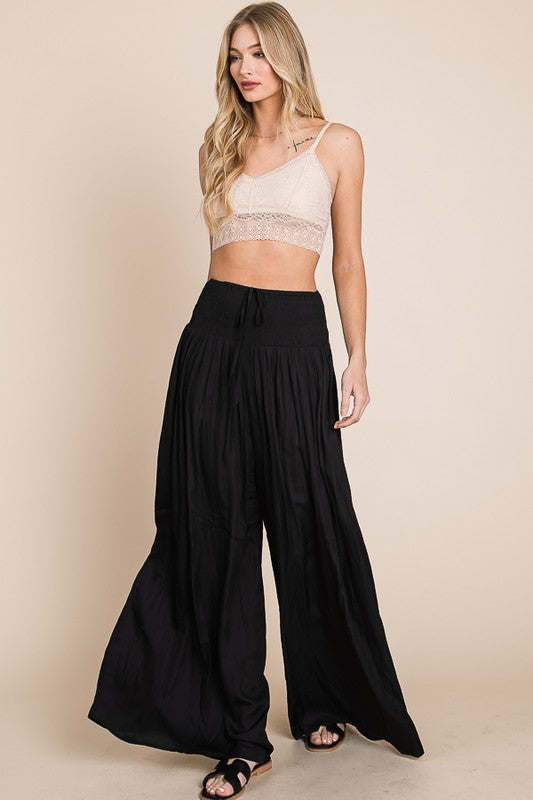 Tie Front Ruched High Waist Wide Leg Pants