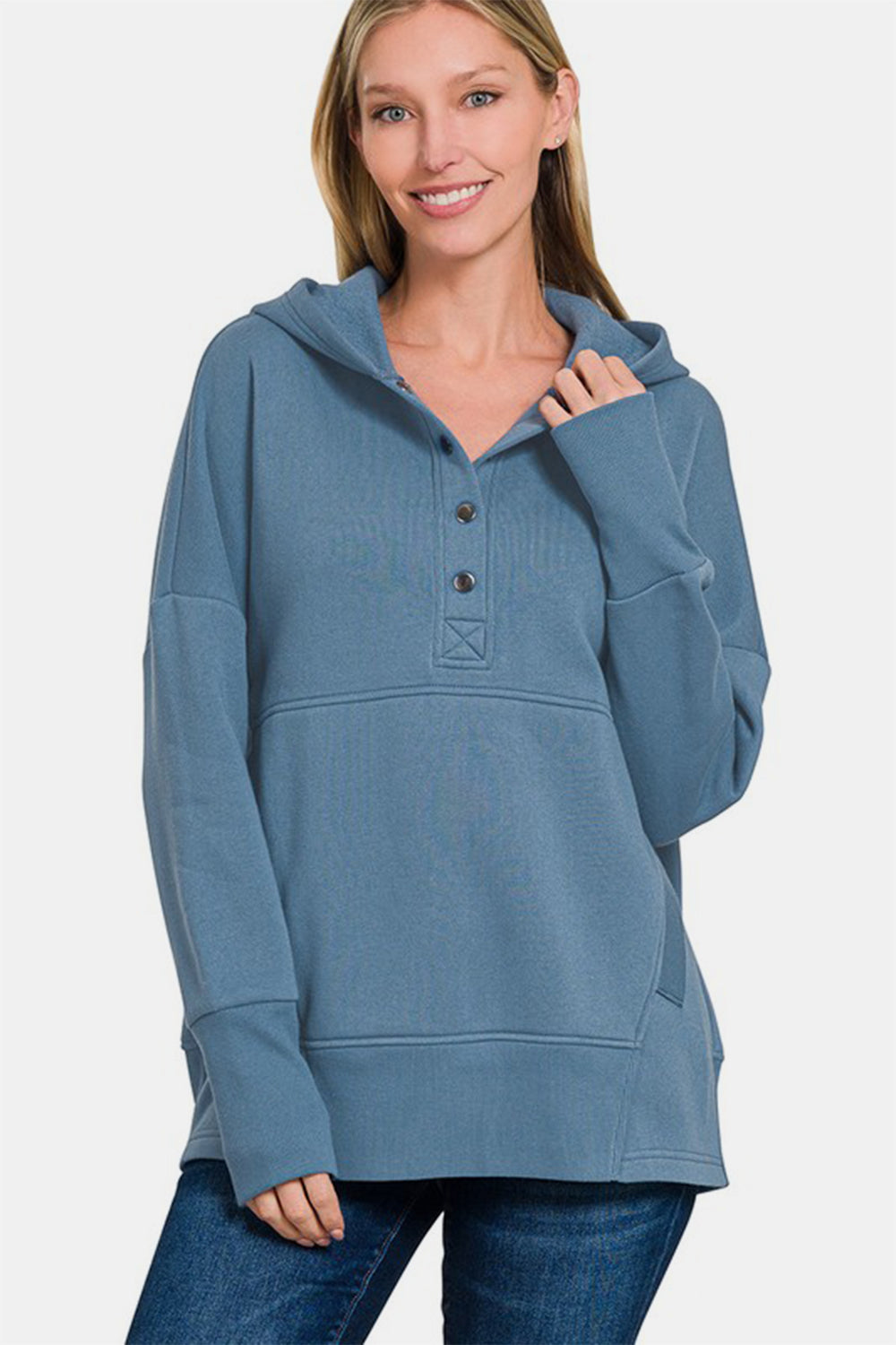 Fleece Half Snap Button Hooded Sweatshirt