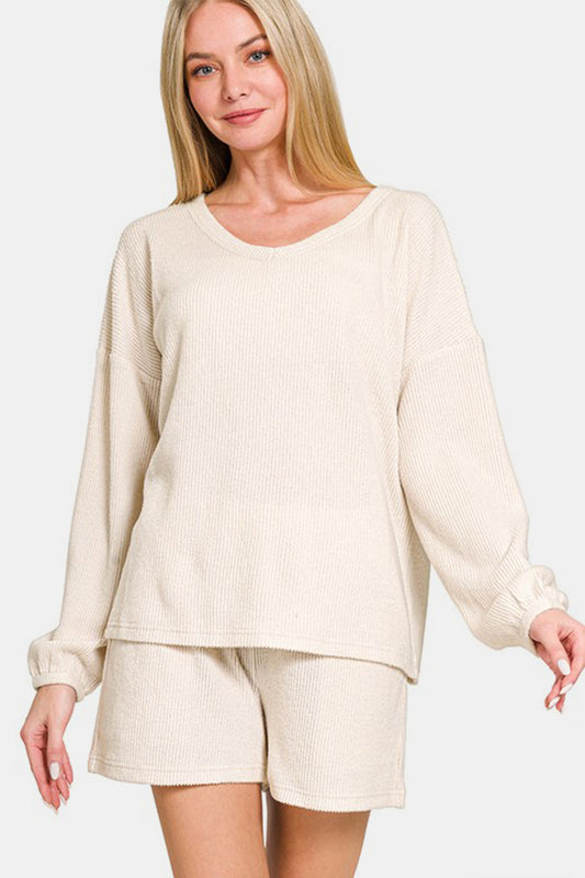 Brushed Ribbed Hacci V-Neck Long Sleeve Tee & Shorts Set