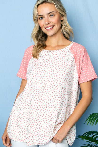 Plus Ditsy Floral Rib Jersey Raglan Top