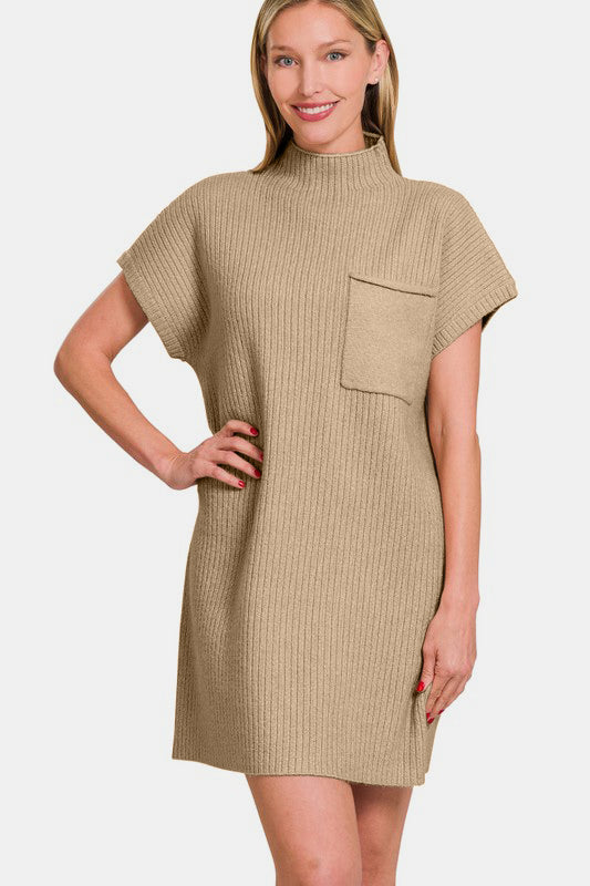 Mock Neck Short Sleeve Sweater Dress With Pocket