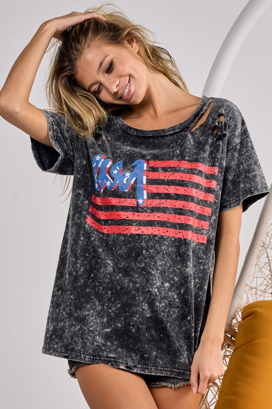 Black Charcoal US Flag Washed Laser Cut T-Shirt