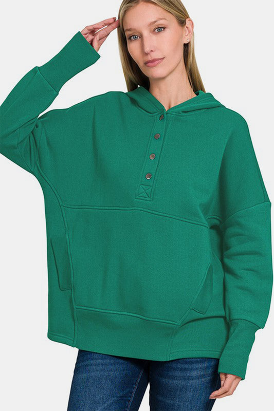 Fleece Half Snap Button Hooded Sweatshirt