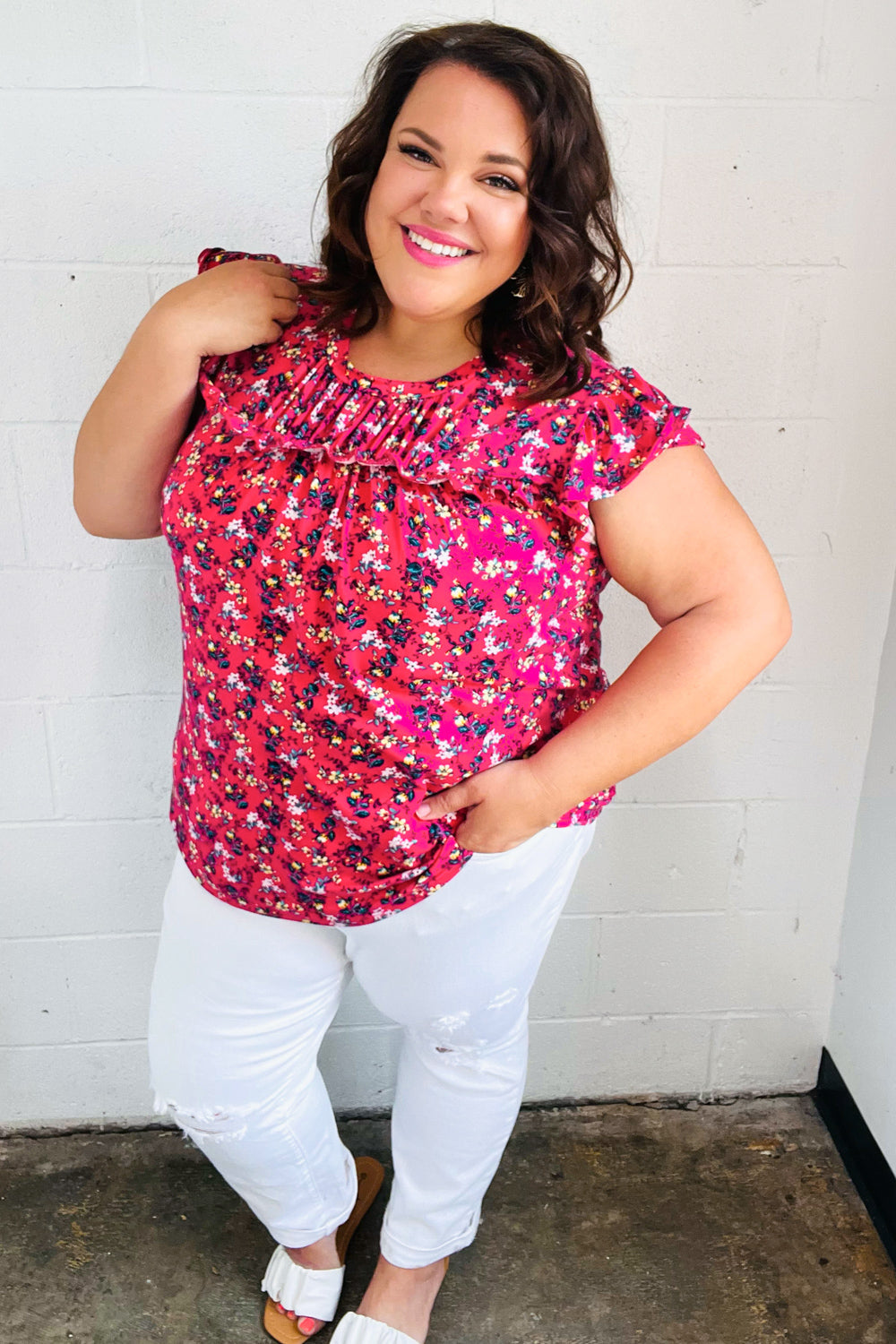 French Rose Floral Frilled Short Sleeve Yoke Top