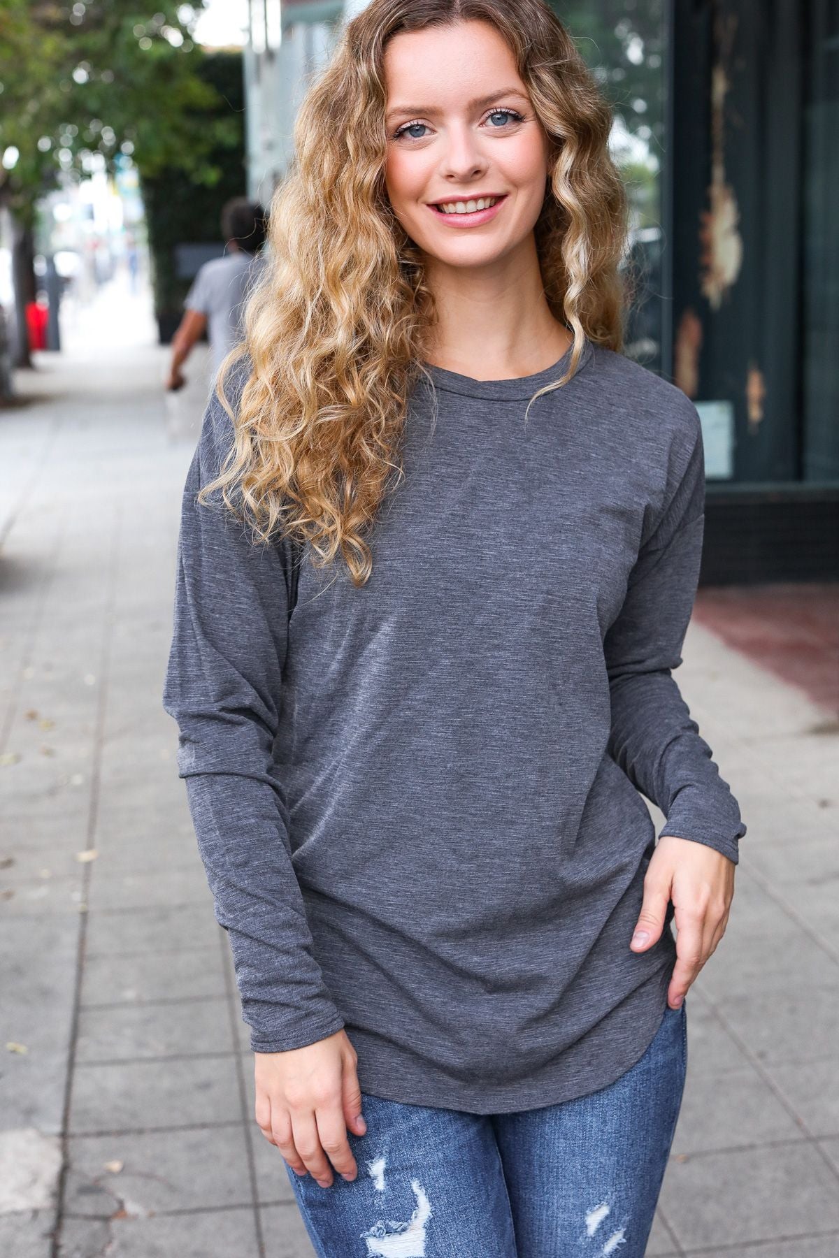 Grey Fitted Long Sleeve Terry Top