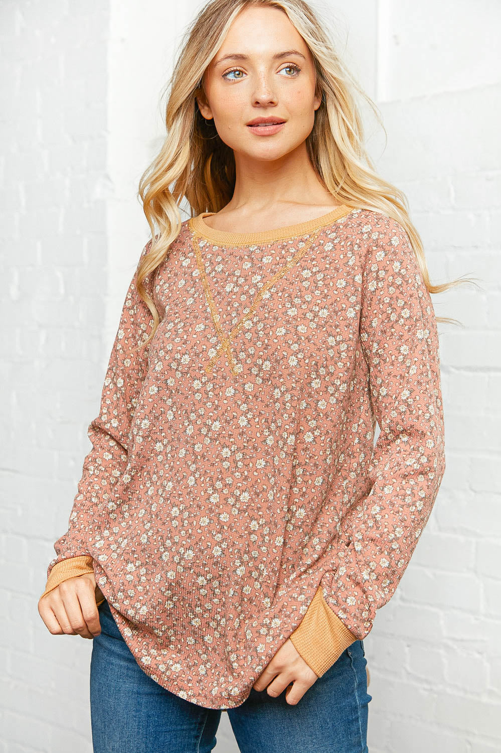 Floral Cross Stitch Thermal Pullover