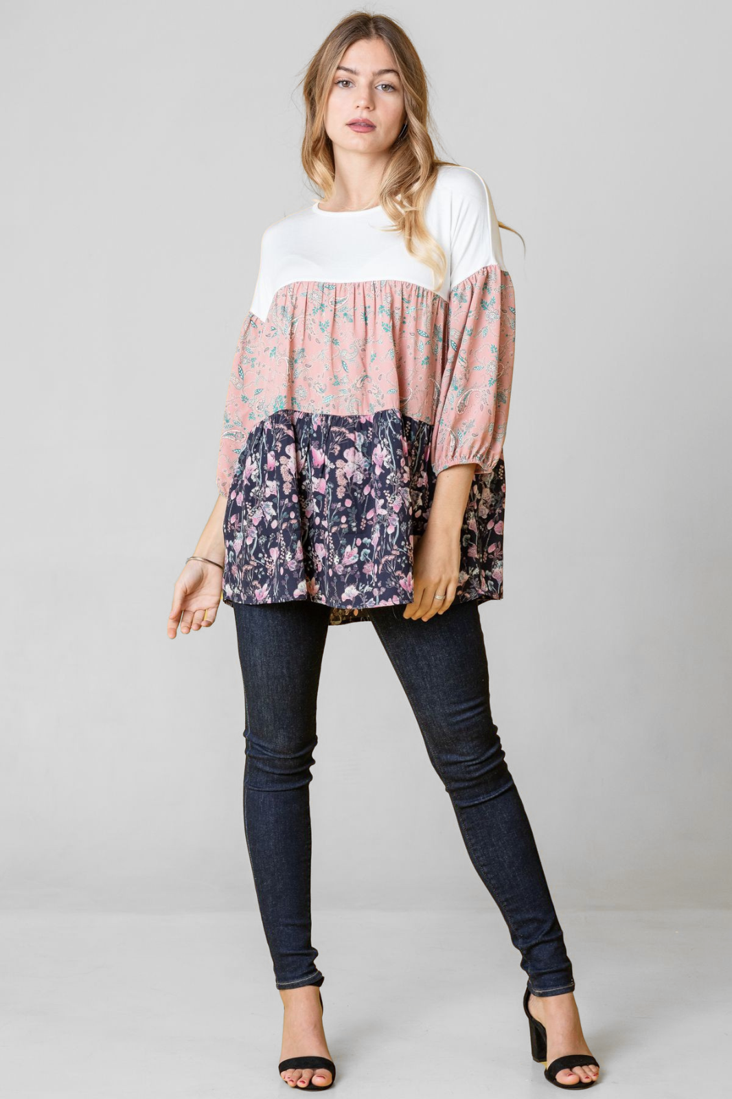 Plus Paisley Floral Bubble Sleeve Tiered Tunic