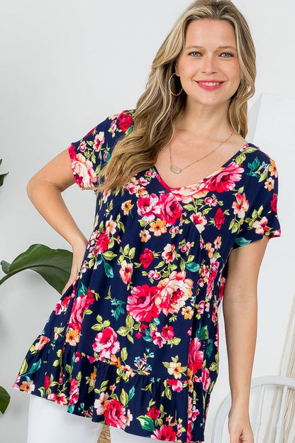 Floral V-Neck Ruffle Hem Babydoll Tunic