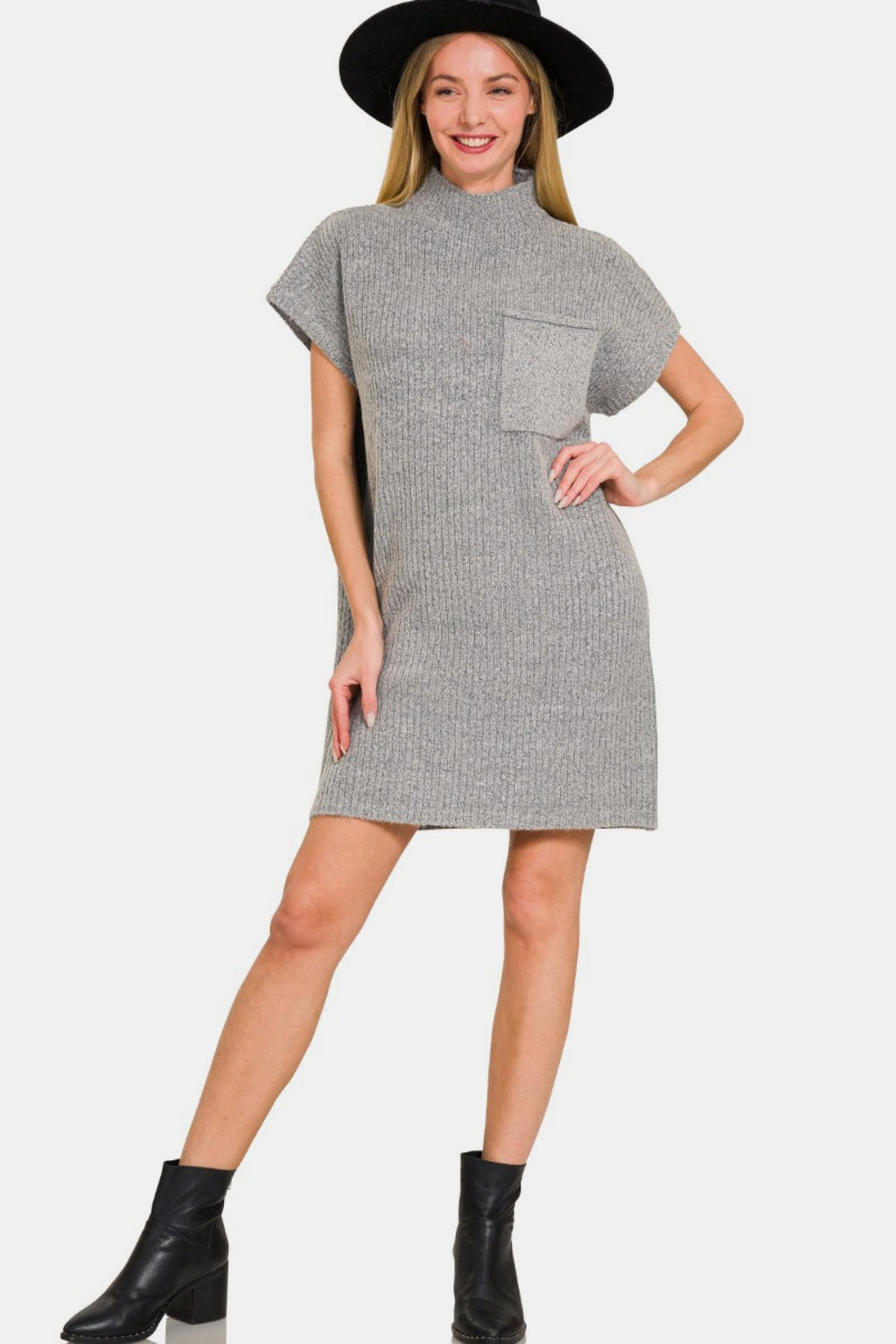 Mock Neck Short Sleeve Sweater Dress With Pocket