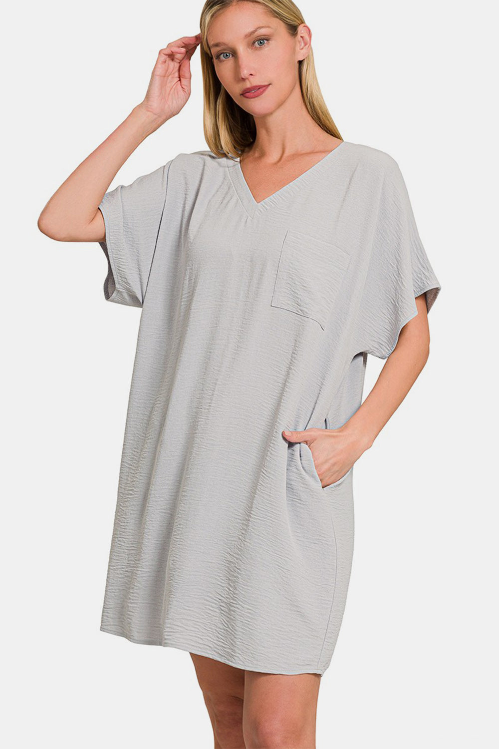 Woven Airflow V-Neck T-Shirt Dress With Pockets